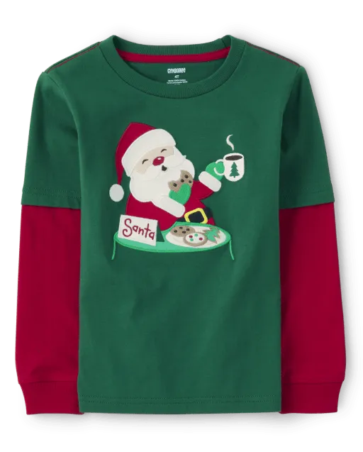 Boys Embroidered Santa Layered Top - Very Merry