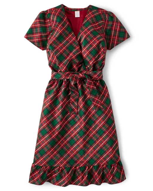 Womens Matching Family Plaid Dupioni Wrap Dress - A Royal Christmas