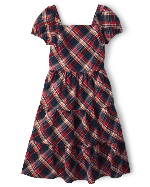 Womens Matching Family Plaid Poplin Tiered Dress - Apple Orchard