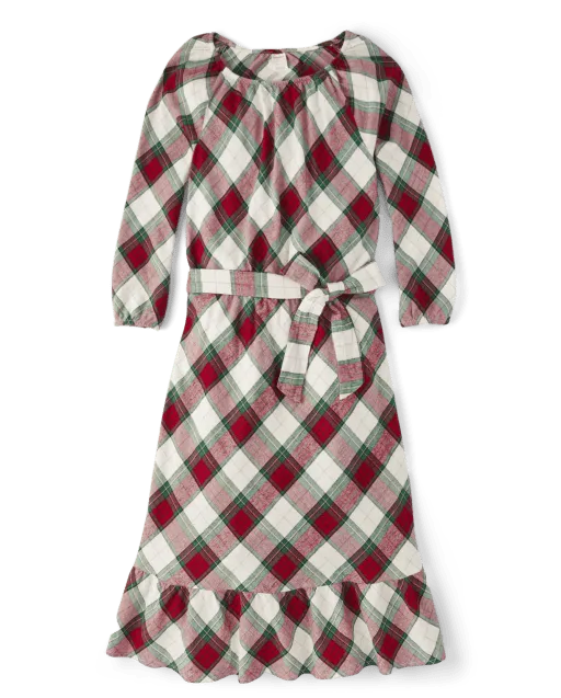 Womens Matching Family Plaid Ruffle Dress - Christmas Cabin