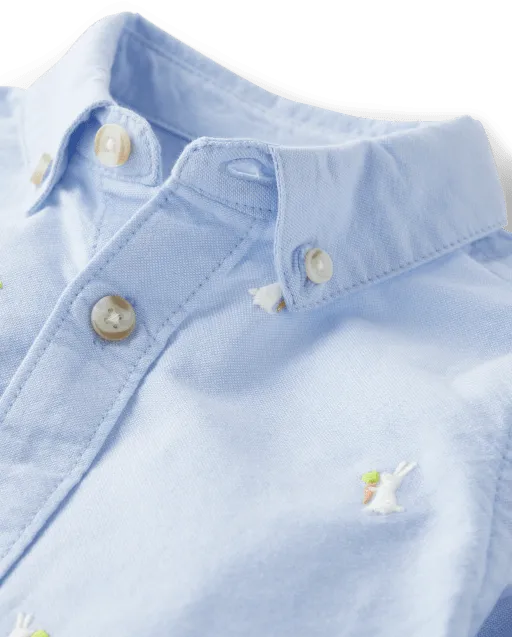 Boys Embroidered Bunny Oxford Button Up Shirt - Enchanted Garden