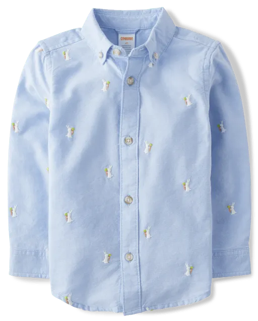 Boys Embroidered Bunny Oxford Button Up Shirt - Enchanted Garden