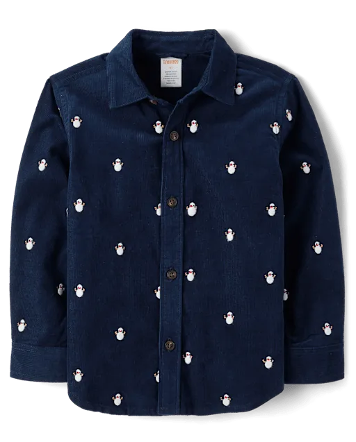 Boys Schiffli Snow Man Corduroy Button Up Shirt - Royal Christmas