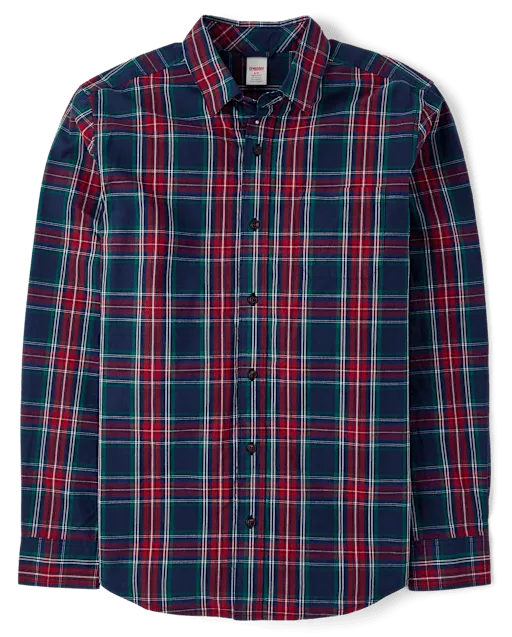 Mens Matching Family Plaid Poplin Button Up Shirt - Royal Christmas
