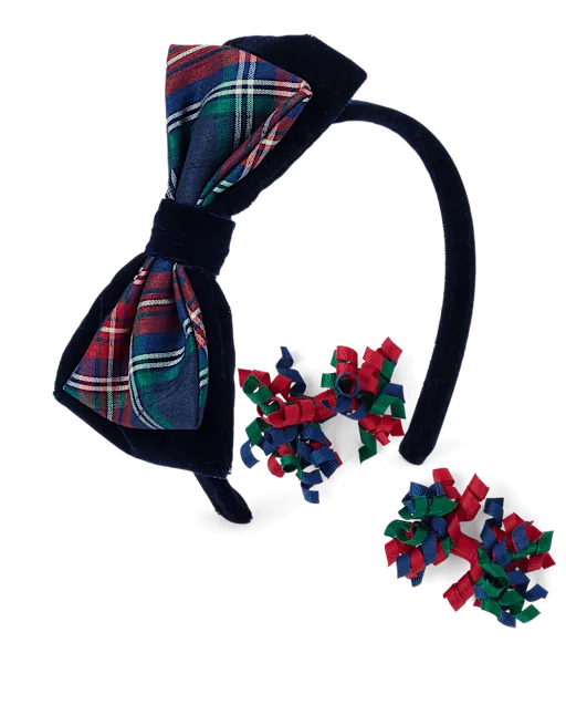 Girls Plaid 3-Piece Hair Set - Royal Christmas