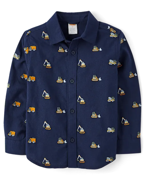 Boys Schiffli Truck Oxford Button Up Shirt - Dino Friends