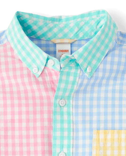 Mens Dad And Me Gingham Colorblock Poplin Button Up Shirt - Garden Party