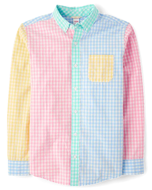 Mens Dad And Me Gingham Colorblock Poplin Button Up Shirt - Garden Party