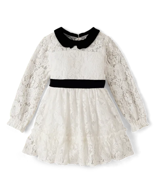 Girls Contrast Lace Ruffle Dress - Petit Paris