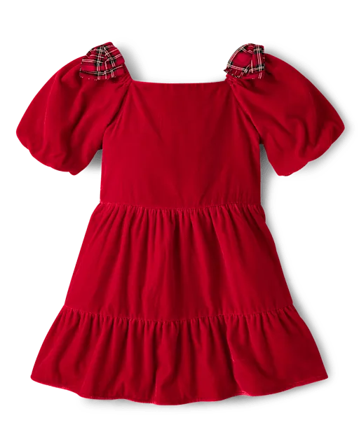 Girls Plaid Bow Velvet Ruffle Dress - Royal Christmas