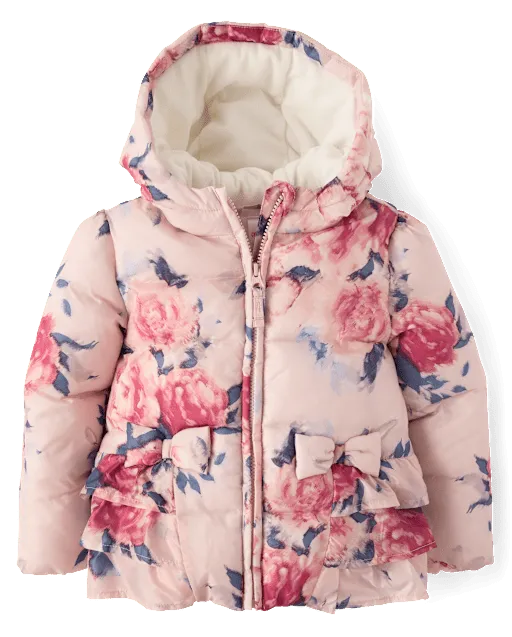 Girls Floral Ruffle Microfleece Lined Puffer Jacket - On Pointe