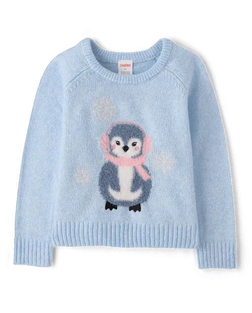 Girls Eyelash Penguin Sweater - First Frost