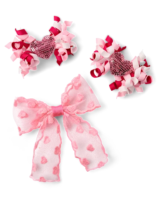 Girls Heart Bow Hair Clip 3-Pack - Mon Cheri
