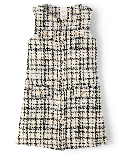 Girls Plaid Button Tweed Shift Dress - Petit Paris