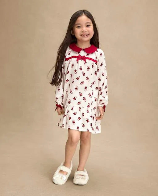Girls Candy Cane Flannel Ruffle Nightgown