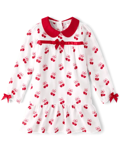 Girls Heart Cherry Flannel Ruffle Nightgown