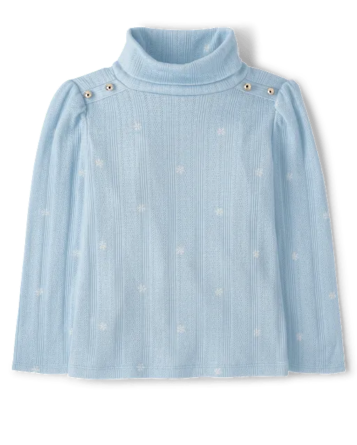Girls Button Pointelle Turtleneck Top - First Frost