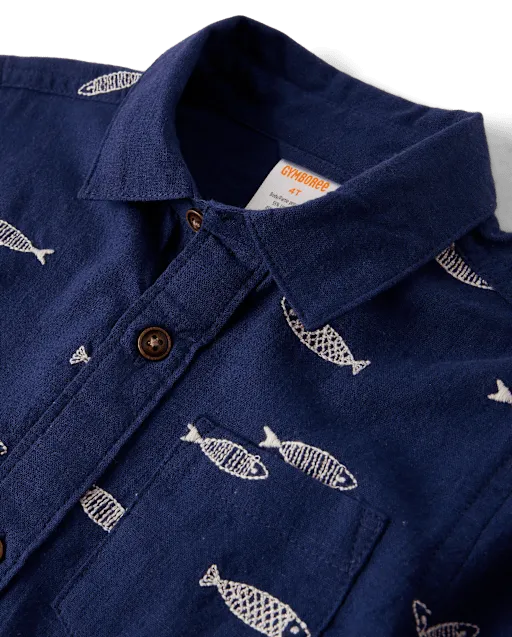 Boys Embroidered Fish Button Up Shirt - Driftwood Bay