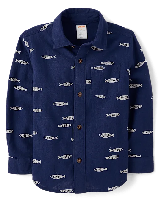 Boys Embroidered Fish Button Up Shirt - Driftwood Bay