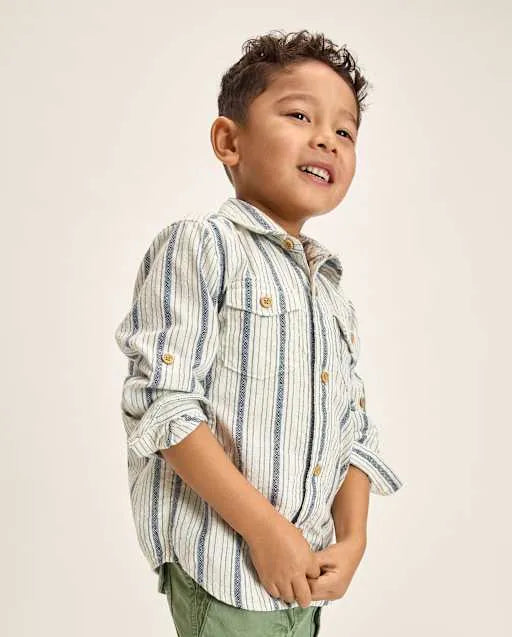 Boys Striped Textured Button Up Shirt - Driftwood Bay