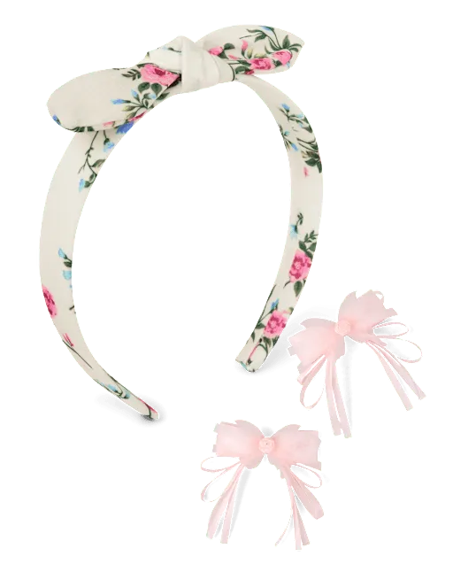 Girls Floral Bow 3-Piece Hair Set - Enchanted Garden