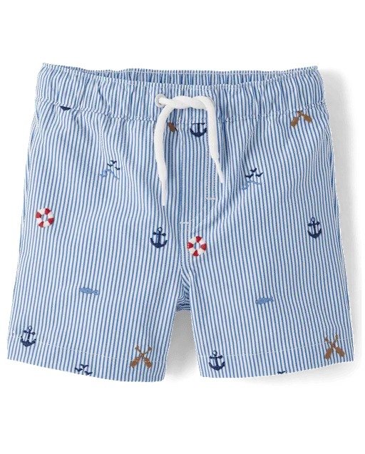 Boys Embroidered Coastal Seersucker Swim Trunks - Swim Shop