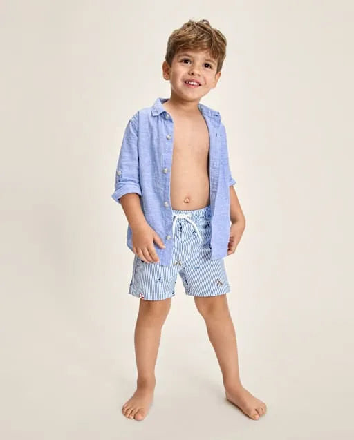 Boys Embroidered Coastal Seersucker Swim Trunks - Swim Shop