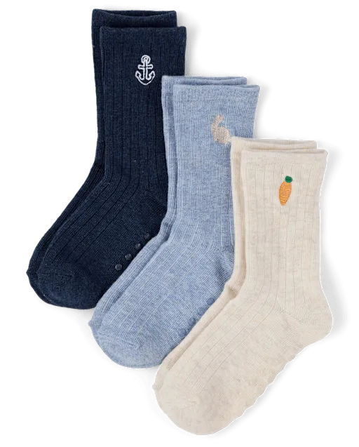 Boys Embroidered Bunny Crew Socks 3-Pack - Enchanted Garden