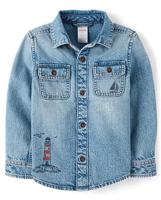 Boys Embroidered Lighthouse Denim Button Up Shirt - Driftwood Bay