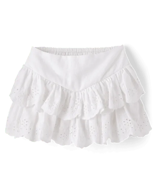 Girls Scalloped Eyelet Linen-Blend Tiered Skort - Linen Edit