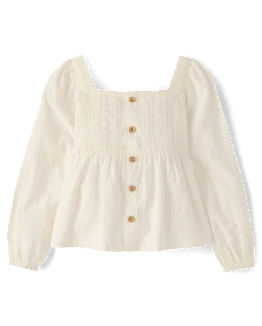 Girls Embroidered Eyelet Clip Dot Button Up Shirt - Driftwood Bay