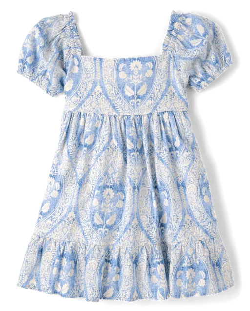 Girls Print Linen-Blend Ruffle Dress - Linen Edit