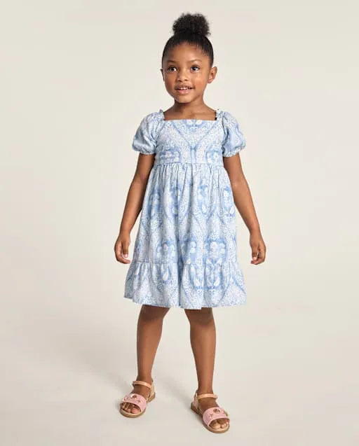 Girls Print Linen-Blend Ruffle Dress - Linen Edit