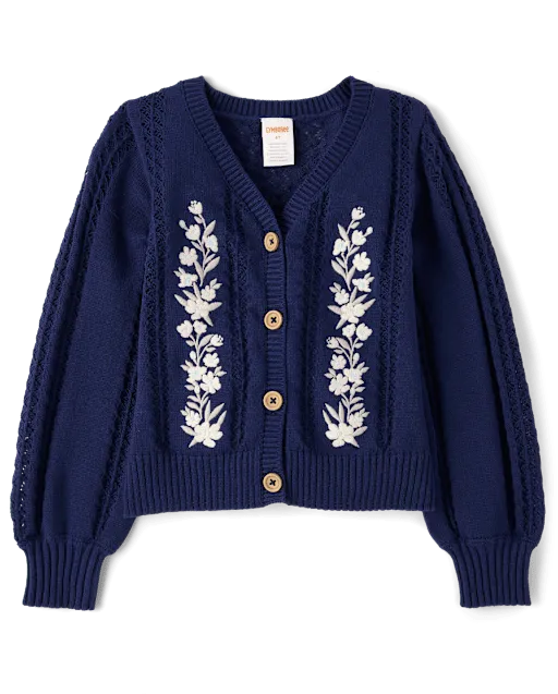 Girls Embroidered Floral Pointelle Cardigan - Driftwood Bay