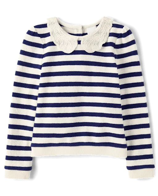 Girls Striped Crochet Lace Peter Pan Sweater - Driftwood Bay