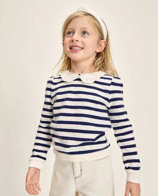 Girls Striped Crochet Lace Peter Pan Sweater - Driftwood Bay