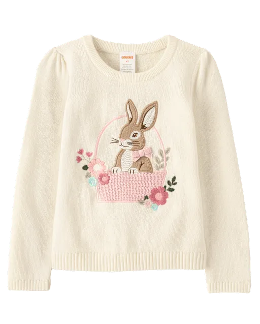 Girls Applique Crochet Bunny Sweater - Enchanted Garden