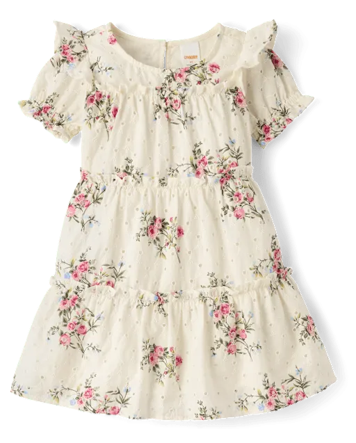 Girls Floral Eyelet Tiered Dress - Enchanted Garden