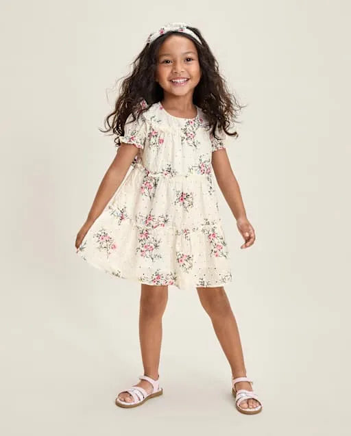 Girls Floral Eyelet Tiered Dress - Enchanted Garden