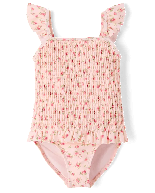 Girls Floral Smocked Flutter One Piece Swimsuit - Swim Shop