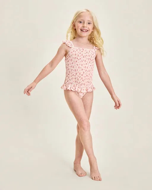 Girls Floral Smocked Flutter One Piece Swimsuit - Swim Shop