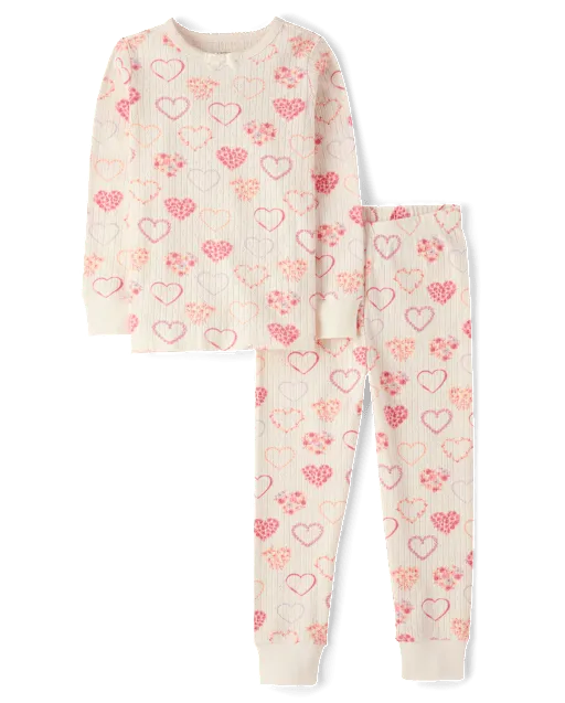Girls Floral Heart Snug Fit Pointelle Pajamas