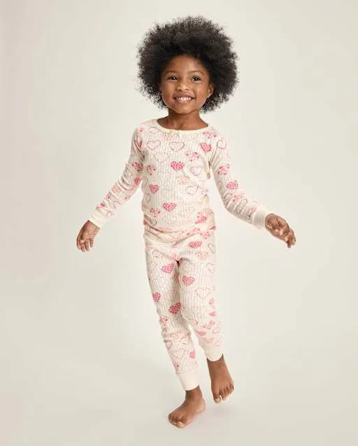 Girls Floral Heart Snug Fit Pointelle Pajamas
