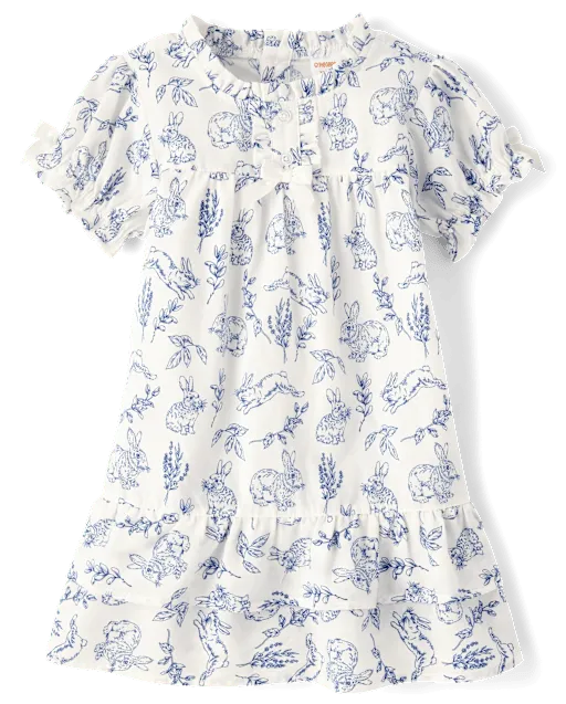 Girls Bunny Toile Poplin Ruffle Nightgown