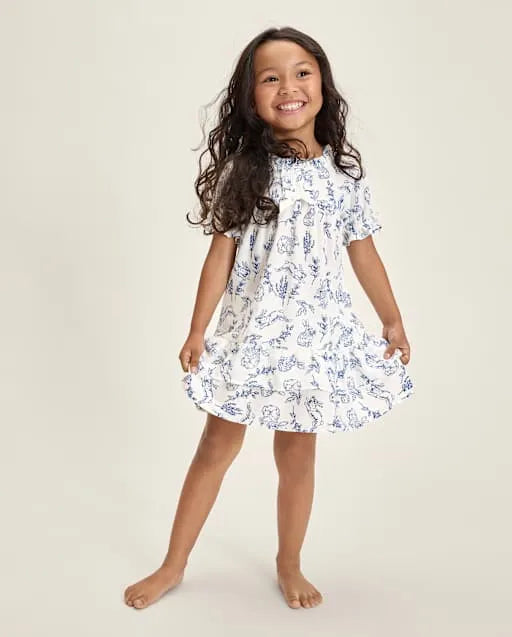 Girls Bunny Toile Poplin Ruffle Nightgown