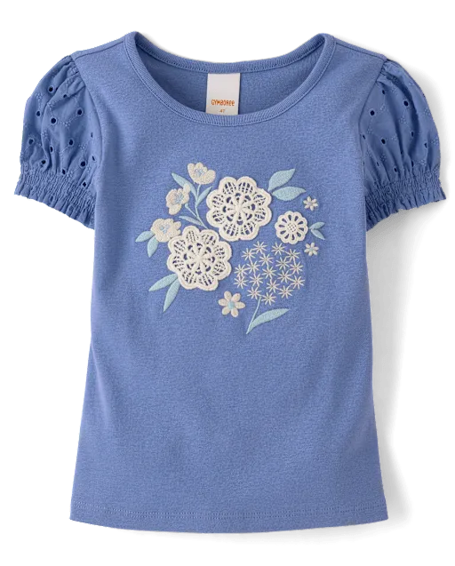 Girls Floral Applique Puff Sleeve Top - Driftwood Bay