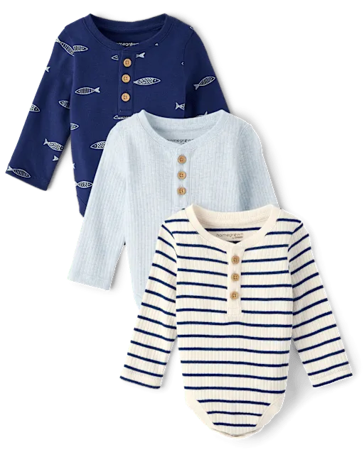 Baby Boys Fish Henley Bodysuit 3-Pack