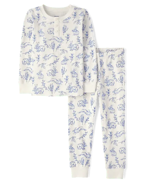 Kids Bunny Toile Snug Fit Cotton Henley Pajamas