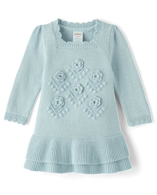 Baby Girls Crochet Floral Drop Waist Tiered Sweater Dress