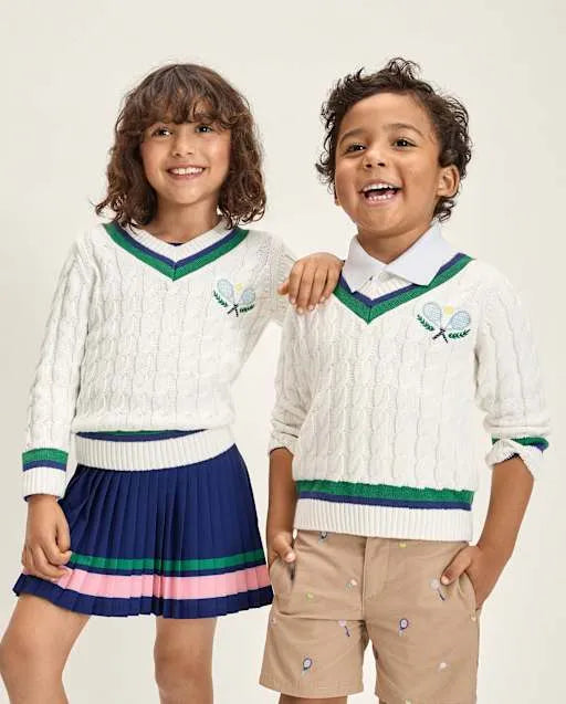 Kids Embroidered Tennis Racquet Cable Knit V-Neck Sweater - Club House